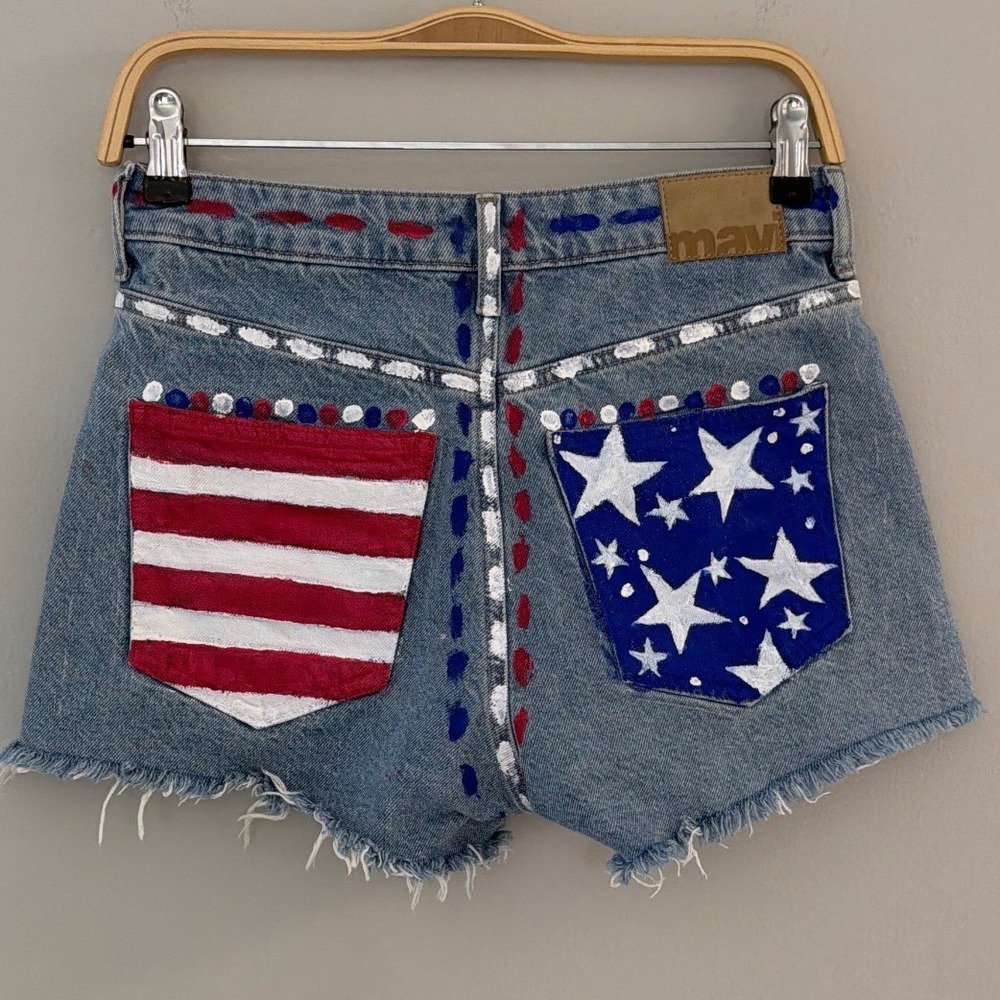 Mavi Rosie Womens 26 Hand Painted American Flag Distressed Denim Shorts Frayed